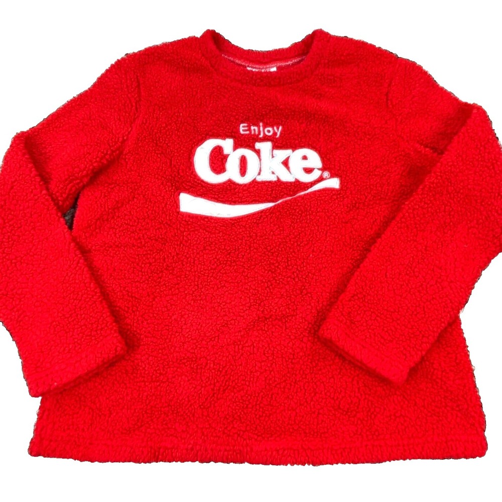 Coca Cola Sweater Women Large Red Deep Pile Sherpa Fleece Crewneck Sweatshirt